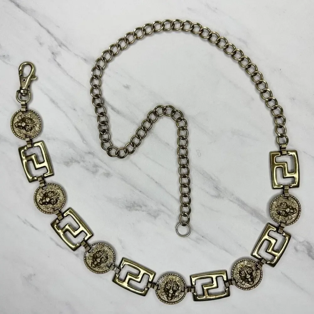 Vintage Gold Lion Head Greek Key Medallion Chain Link Belt Small/Medium (S/M) ✨